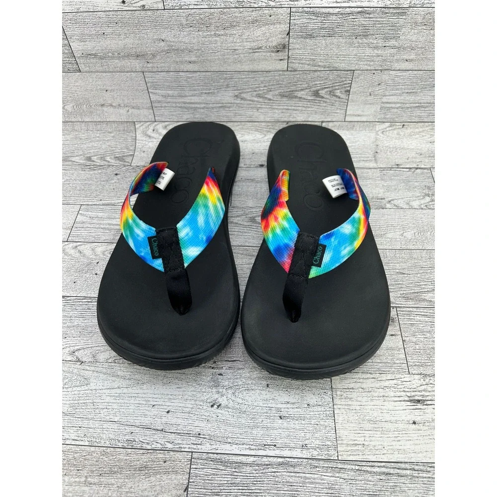 Chaco‎ Mens Tie Dye Flip Flops JCH108035 Black Thong Sandals Size 8 Rainbow